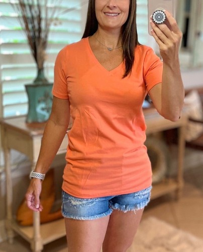 Very Sexy Loose Floaty V-Neck Boyfriend Boxy Tee Shirt Coral Orange 1X/2X/3X