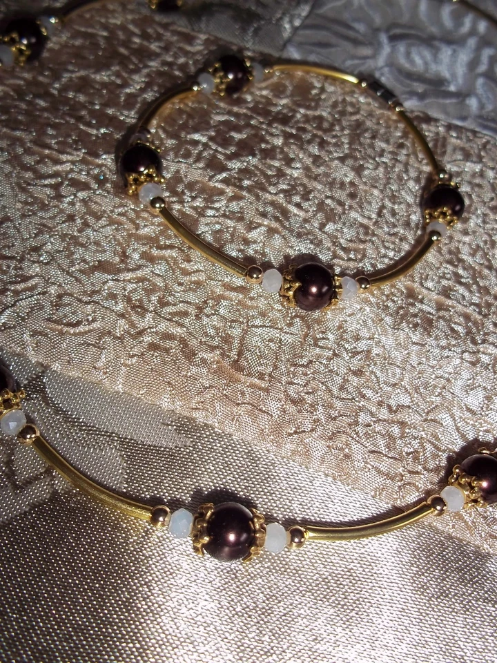 CONJUNTO Pulsera Collar Cuentas CRISTAL Marrón Perla y Cierre Magnético N-38 Foto 2 de 3