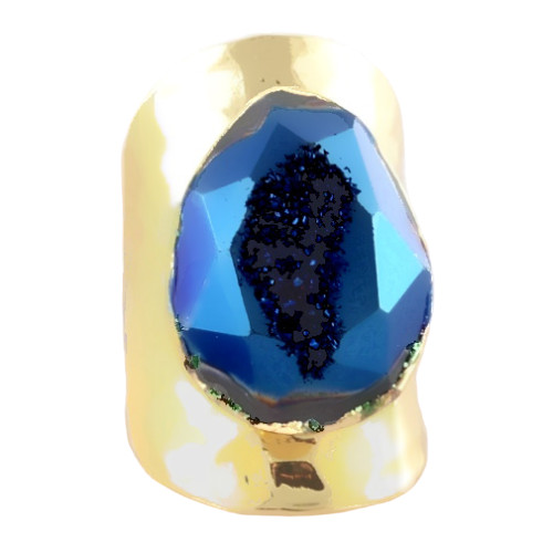 Blue Natural Agate Titanium Druzy Ring Faceted Large Statement Stone Geode Gold