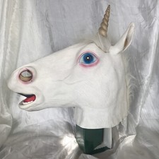 White Unicorn Head Adult Cosplay Latex Rubber Face Mask Gold Spiral Horn