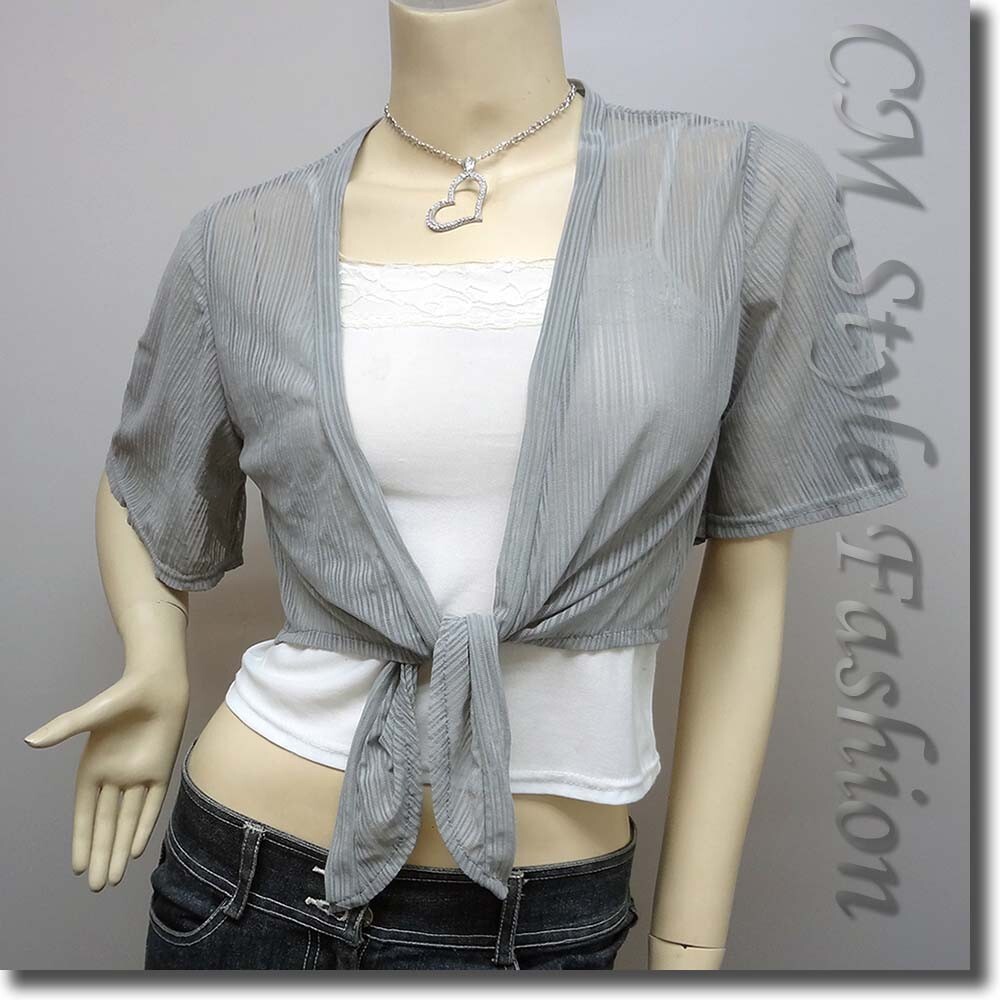 Front Tie Sheer Bolero Shrug Cropped Cardigan Top Gray M