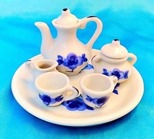 Vintage Miniature 8-piece Hand Painted Tea Set Blue White 4" Tray