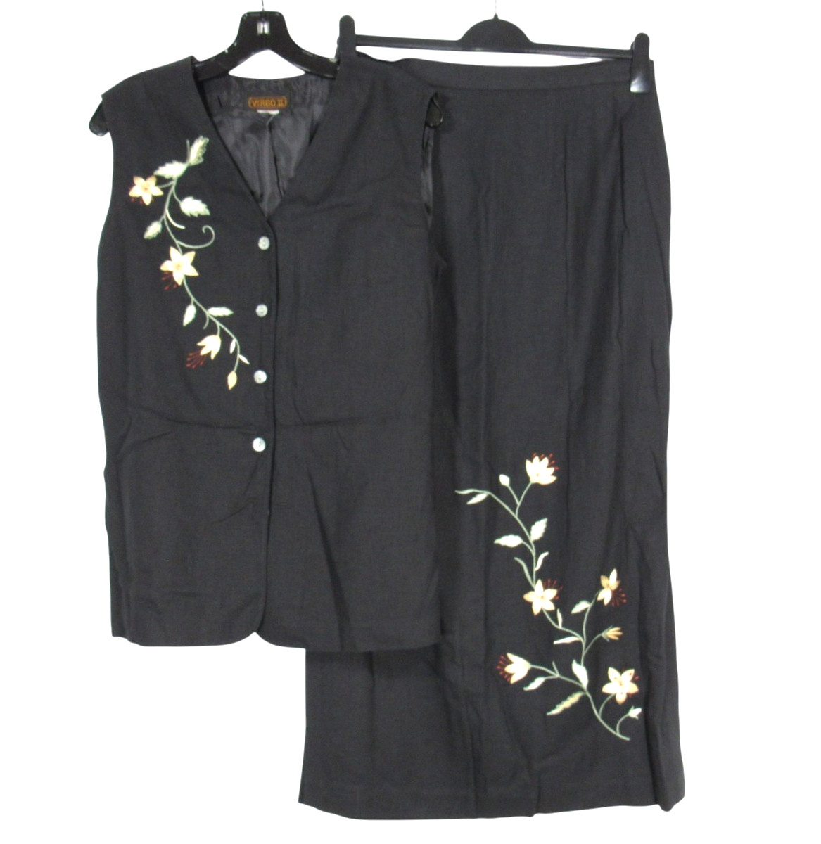 VTG VIRGO II 2Pc Black LINEN BLEND Floral Detail BUTTON-UP Vest Top/Skirt Sz L