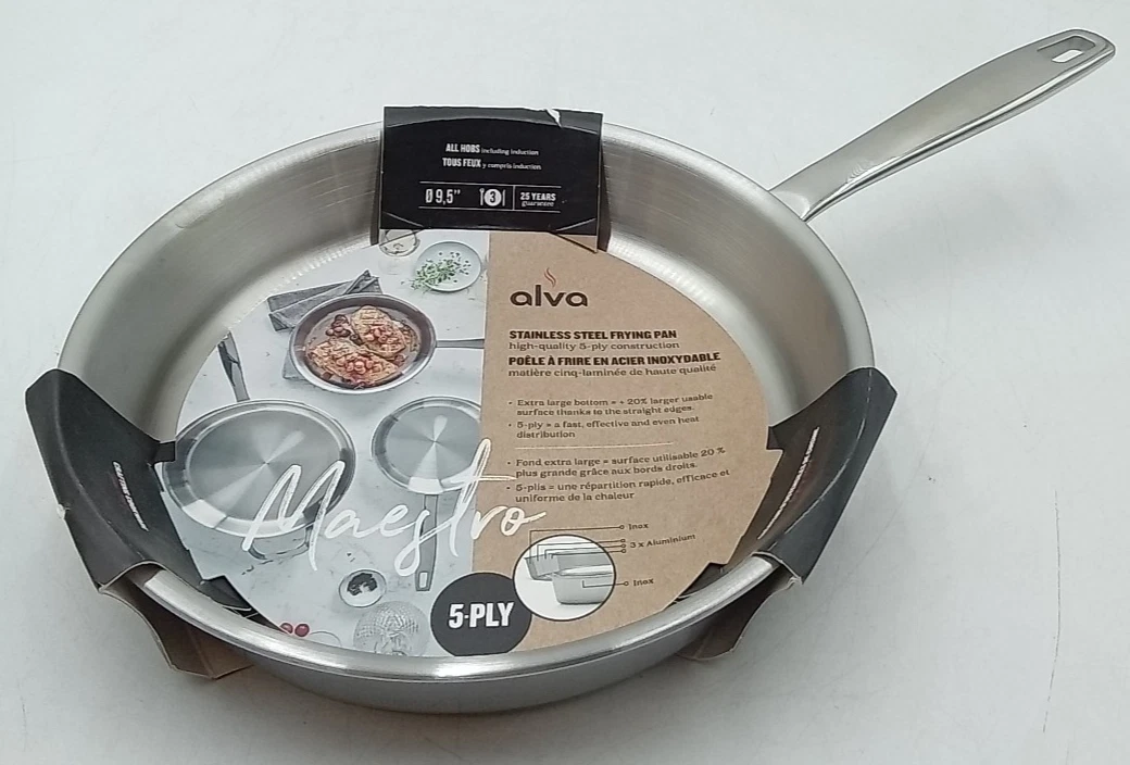 Alva Maestro 9.5" 5-Ply Stainless Steel Frying Pan Non Toxic & Oven Safe