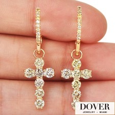 Estate 2.00ct Diamond 14K Yellow Gold Cross Charm Dangle Hoop Earrings 3.2 Gr NR