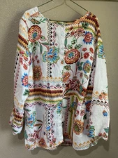 Women's H Halston Plus Size 1X 100% Linen Top Colorful Floral Roll Tab Sleeve