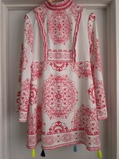 Women's White Pink Mandala Kimono Tassel Dress High Neck Wide Sleeve Size Large