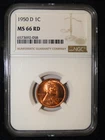 1950-D LINCOLN WHEAT CENT NGC MS 66 RD