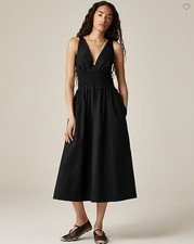 NWT J.Crew 168 Plunge smocked-waist dress in cotton poplin, BLACK, Sz XS