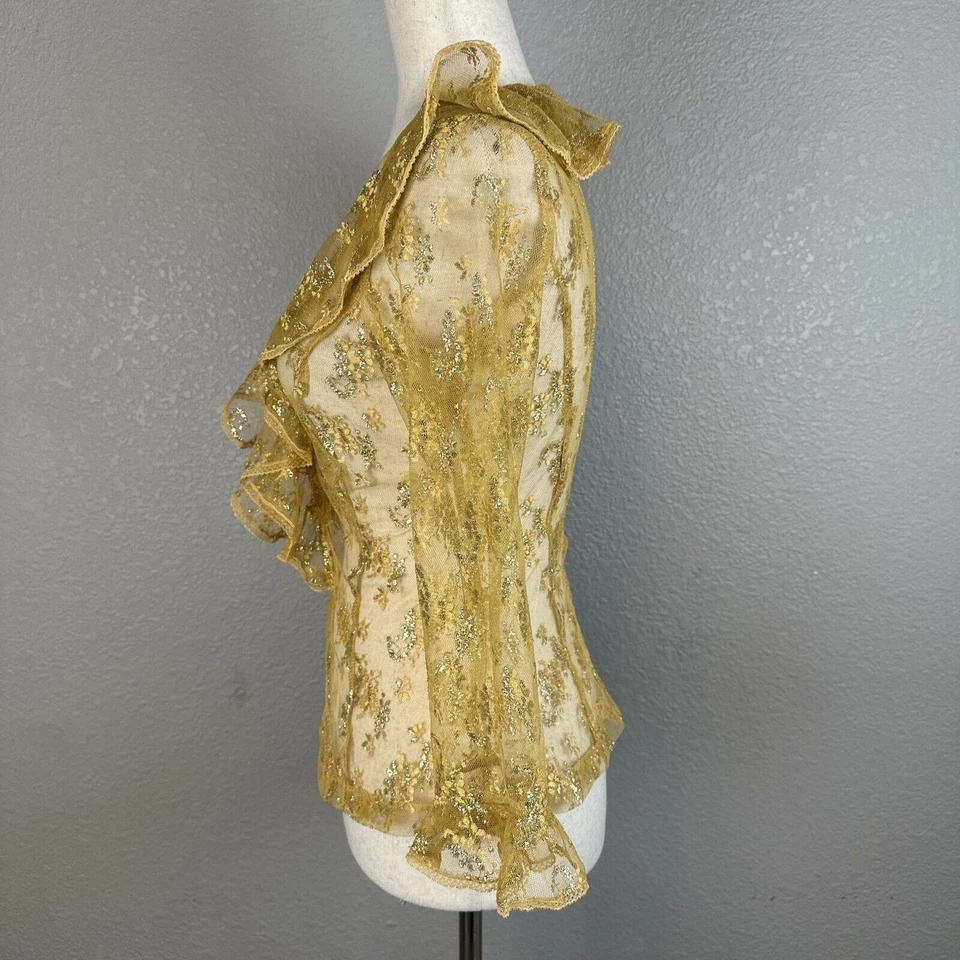 Camisa de vestir vintage Betsey Johnson años 90 dorada pura floral con volantes de encaje talla S Foto 4 de 4
