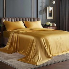 BEDELITE Satin Sheets Full Size Bed Set, Luxury Soft Gold Silky Sheets for Ha...