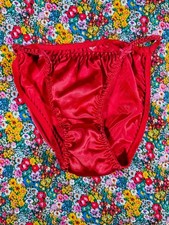      Vintage Satin Silk String Bikini Panties Red Medium/M DEADSTOCK RARE