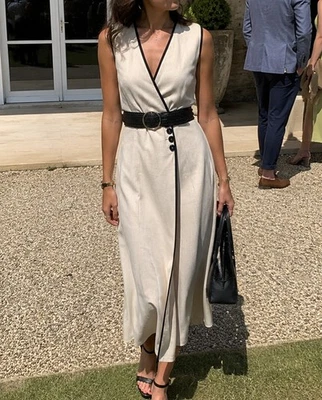 Zara Beige Contrast Trim Belted Linen Blend Midi Crossover Dress Size M 10 - Image 1 of 3