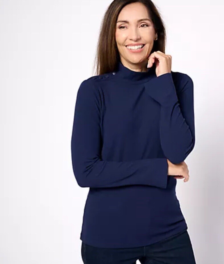 Denim & Co. Signature Novelty Button Mock Neck Rib Knit Top Navy Medium A627219