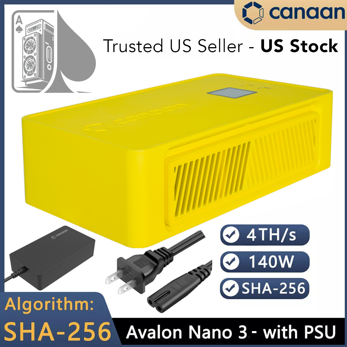 US Stock Canaan Avalon Nano 3 Yellow 4TH/s with PSU BTC Solo Miner US  Seller CA
