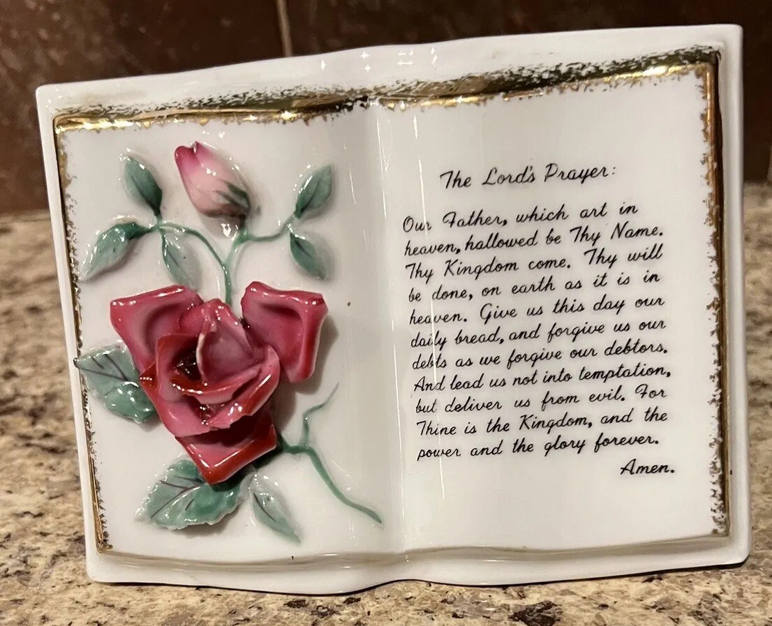 Vintage Lefton China Lord's Prayer Open Book Vase Planter 3D Rose