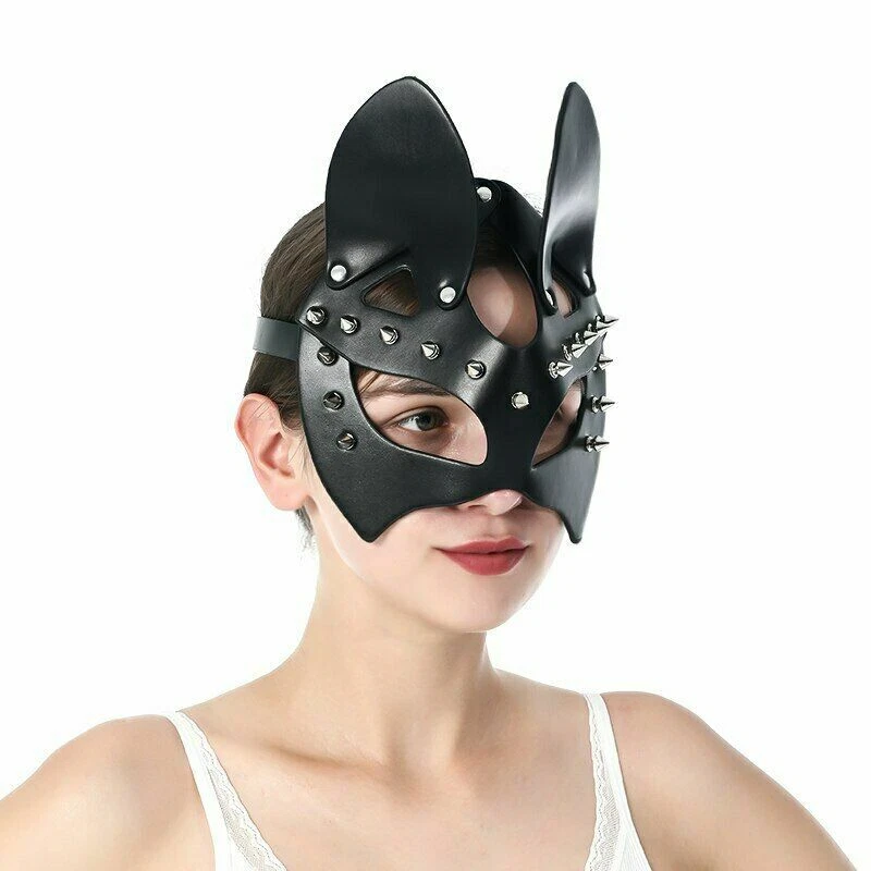 Leather Punk Halloween Riveted Cosplay Half Mask Sexy Cat Eye Mask Party Props - Image 2 of 4