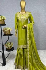 Designer New Chinnon Silk Olive Green Palazzo Suit With Dupatta For Women Wear