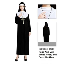 Blessed Babe Nun Black Robe Costume w/Hood & Cross for Halloween Cosplay Outfit