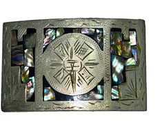 Vintage Alpaca Mexico Abalone Inlaid Aztec Silver Tone 3 1/4" 2" Belt Buckle