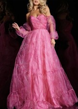 NWT Jovani 38605A Sz 10 Fuchsia Pink Strapless Balloon Sleeve Flowy Gown $480