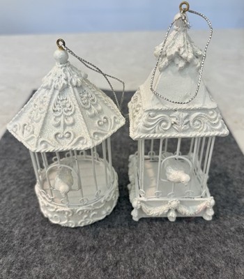 Vintage White  Bird Cage Christmas Ornaments Set of 2 Resin Birds Cottage Decor