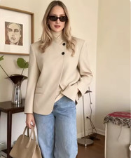 Women s Stand Collar Blazer Jacket Long Sleeve Slim Fit Casual Office Coat