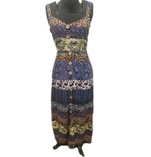 Angie Women's Tie Halter Back Size Small Boho Smocked Maxi Dress Patchwork Rayon