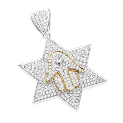 Unisex Solid 14k Gold Star of David Real Diamond Hamsa Necklace 1.17ct