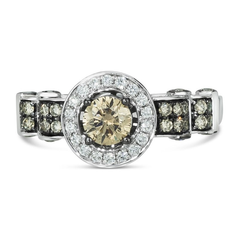 LeVian 14K White Gold Halo Scalloped Ring with White & Chocolate Diamond Sz 7.5