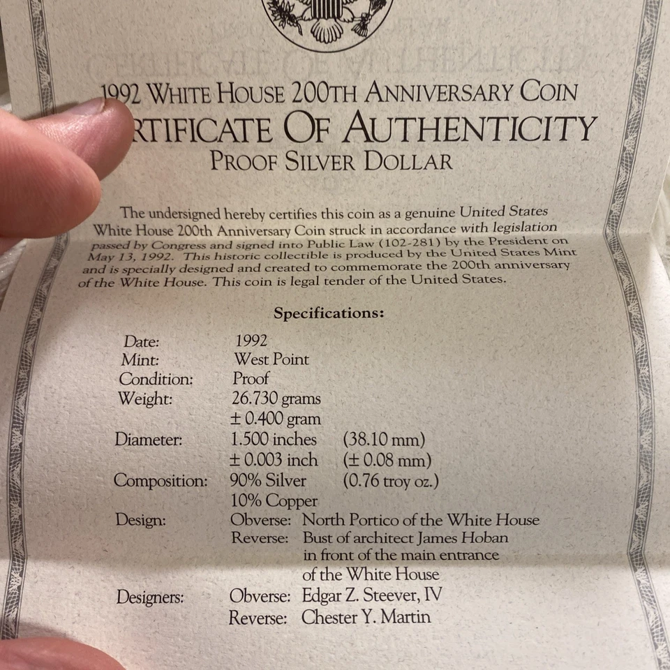 1992 The White House 200th Anniversary Coin Proof Silver Dollar with Box and COA - Image 3 of 4