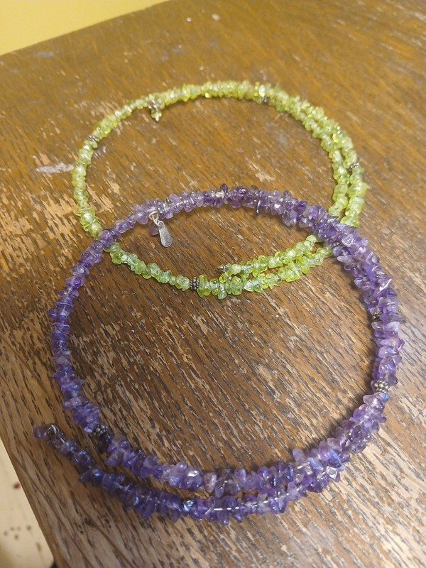 Vtg Doug Paulus Amethyst+Peridot Chip Nugget Gemstone Choker Set Stretch .925