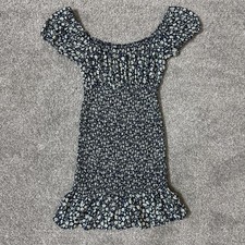 Wild Fable Dress Womens XS Blue White Floral Smocked Ruffle Off Shoulder Summer