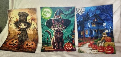 COMPLETED Diamond Art Halloween Lot-Boy, Kitty & Haunted House-Ready To Frame