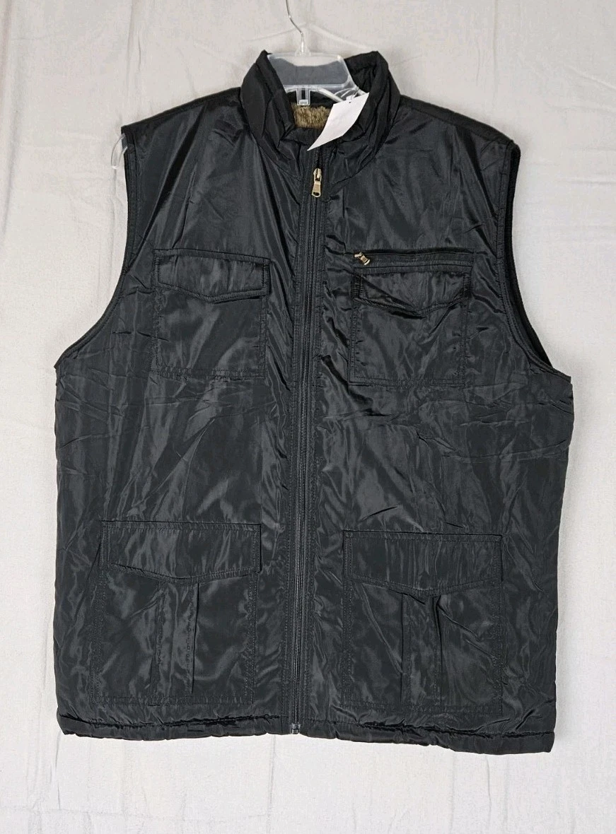 Vcansion Multi-pocket Vest Brown Faux Fur Lined Black Vest Size XL