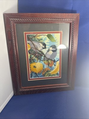 Professionally Framed Cross Stitch Chickadee On A Branch Meadow's Edge'' Janlynn