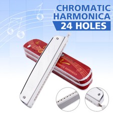 Vintage Silver Chromatic Harmonica Key of C 24-Holes Professional Gift w/ Case