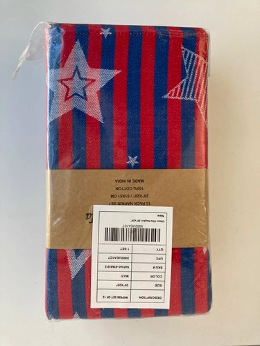 Urban Villa Set/12 Napkins Red White Blue Stars 20"x20" 100% Cotton 4th Of July
