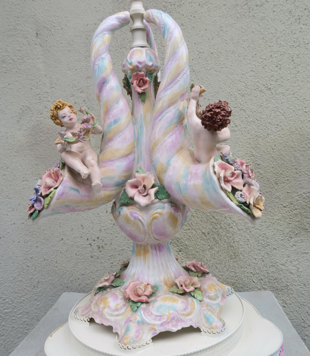 Vintage Capodimonte Porcelain table lamp Cherub Rose shabby