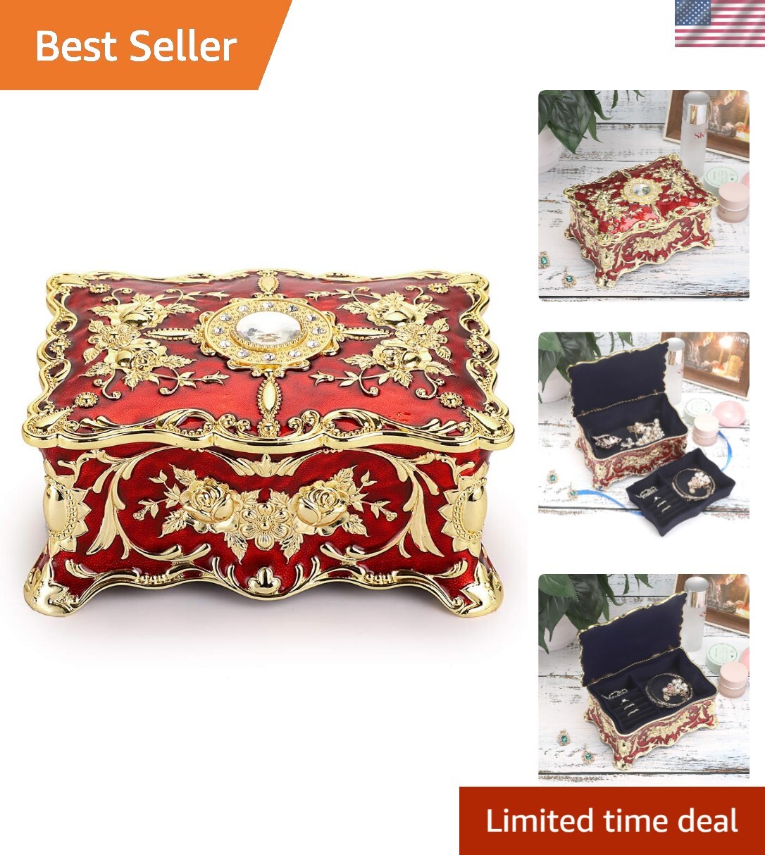 Vintage Enameled Rectangular Jewelry Box with Two-Layer Organizer