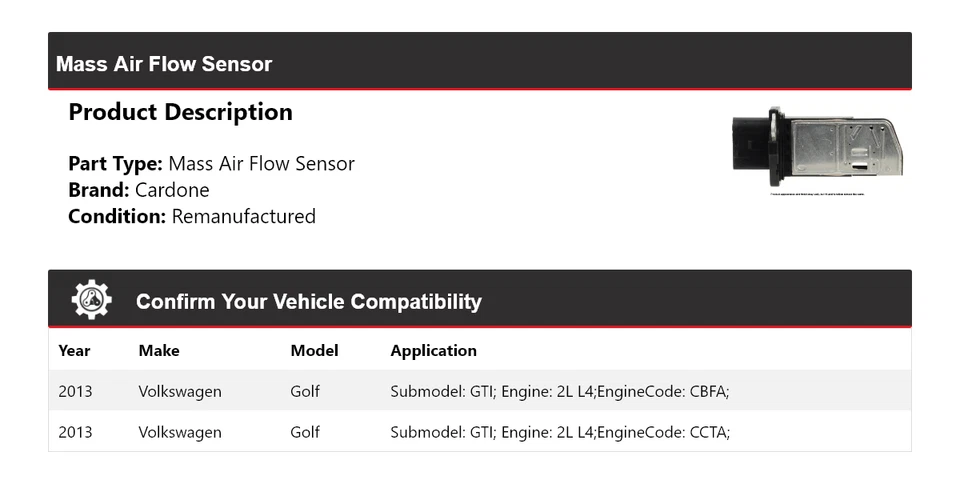 For 2013 Volkswagen Golf GTI 2L L4 Mass Air Flow Sensor Cardone - Image 2 of 4