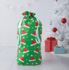NEW 18"x 28" Christmas Santa Claus Hats Green Flocked Gift Bag Drawstring Sack