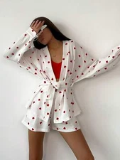 Women's Heart Print Two-Piece Lounge Set With Kimono And Shorts