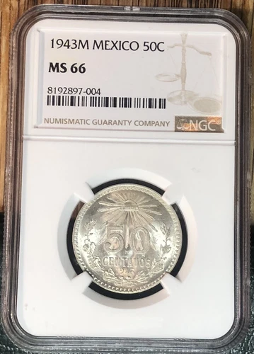 1943 M Mexico 50 Centavos Silver NGC MS 66 Beautiful White Silver Gem BU Coin.