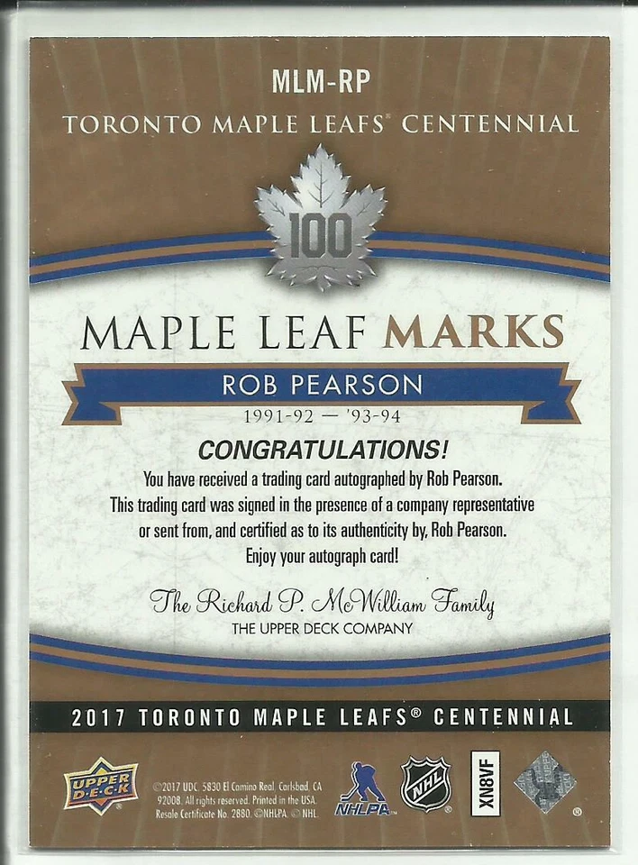 2017 Upper Deck Toronto Maple Leafs Centennial Autographs #MLM-RP Rob Pearson - Image 2 of 2
