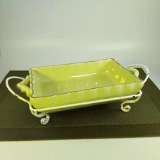 tii Collections Ceramic Serving Dish and Metal Stand Yellow Green 11" Boho Chic