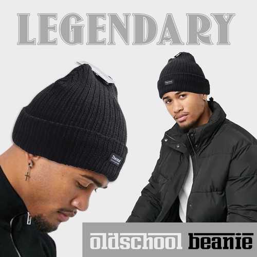 Mens Black Winter Beanie Hat Thermal 