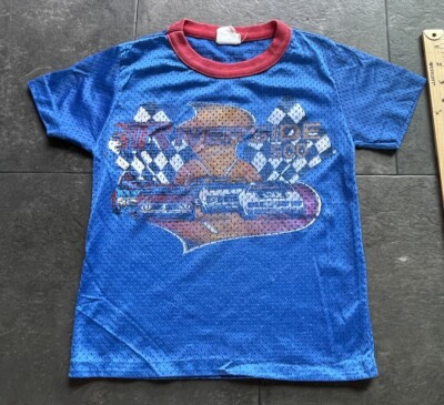 Vintage Riverside 500 Tshirt Boys Youth 1970s Jersey Blue Race Cars Size 8-10