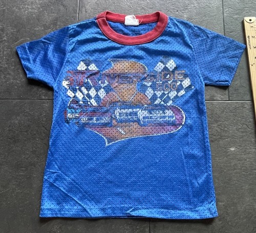 Vintage Riverside 500 Tshirt Boys Youth 1970s Jersey Blue Race Cars Size 8-10