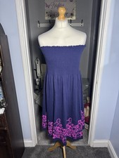 Resort Strapless Bandeau Midi Dress Purple Pink Floral UK 18-20 Summer Cotton